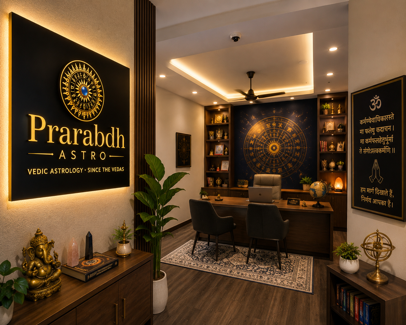 Prarabdh Astro office — Vedic astrology consultation room with brand signage and altar