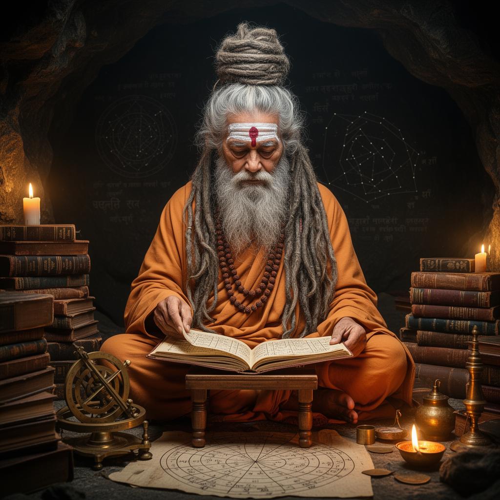 Ancient Vedic rishi reading palm-leaf astrology manuscripts in a candlelit cave